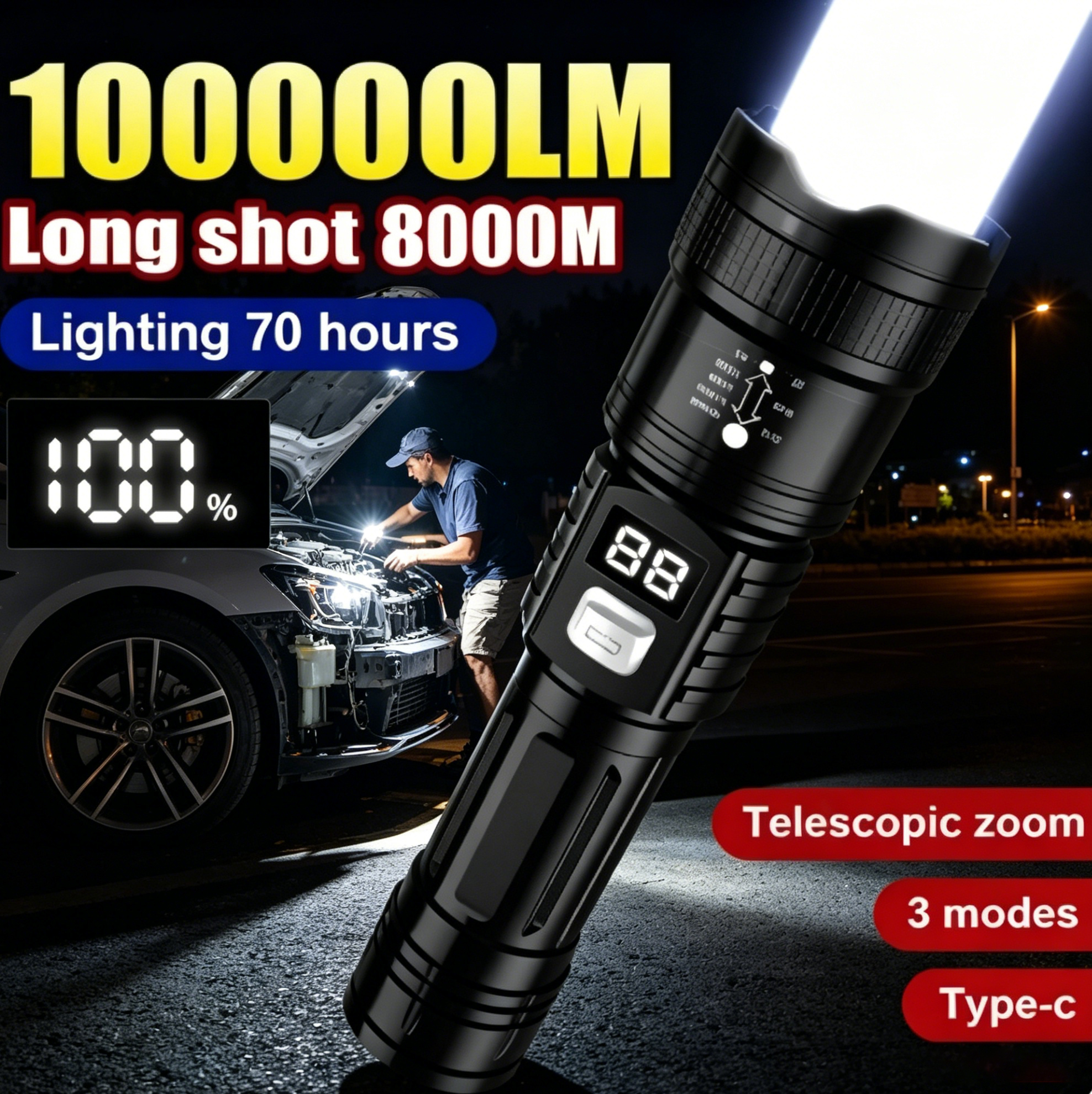 Fishing Light - Rechargeable LED Flashlight 100000LM Super Bright
